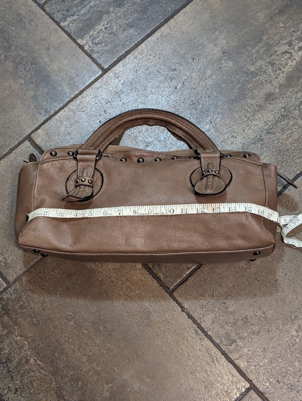 Dimoni Y2K Pebble Leather Stud Detail EW Butter Soft Satchel Shoulder Bag Taupe - Picture 13 of 17